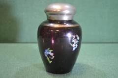 Чайница, чайная банка стеклянная. Фиолетовая, марганцевое стекло. Позолота, цветы. 1950 -е, СССР