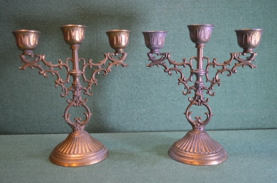 Подсвечник, канделябр. Парные канделябры (2 штуки). Бронзированный металл. 