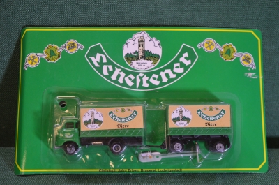 Модель, игрушка. Пивной грузовик зеленый, фура с прицепом. Реклама пива. Блистер. Китай Германия.