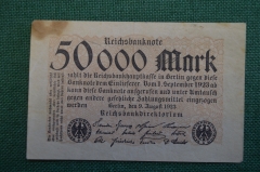 Бона, банкнота 50000 марок 1923 год. Пятьдесят тысяч. Рейхсбанкнота. Веймар, Германия.