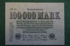 Бона, банкнота 100000 марок 1923 год. Сто тысяч. Рейхсбанкнота. Веймар, Германия.