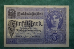 Бона, банкнота 5 марок 1917 год. Пять. Funf mark. Германская Империя. Берлин, Германия. 