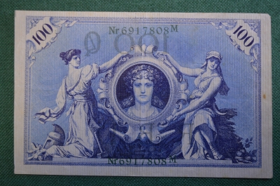 Бона, банкнота 100 марок 1908 год. Сто. Рейхсбанкнота. Германская империя, Германия. #1
