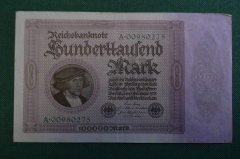 Бона, банкнота 100000 марок 1923 год. Сто тысяч. Рейхсбанкнота. Германская империя, Германия.