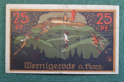 Нотгельд, бона 25 пфеннигов 1920 год. Город Wernigerode, Вернигероде. Ведьмы на метлах.
