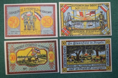 Нотгельд, бона 50 пфеннигов 1921 год (4 штуки). Город Steenfeld Штайнфельд. Армия, солдаты. Германия