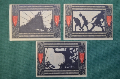 Нотгельд, бона 50 пфеннигов 1920 год (3 штуки). Город Detmold, Детмольд. Войны и битвы. Германия.