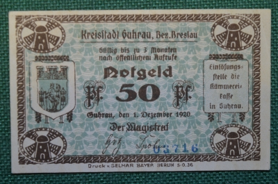 Нотгельд, бона 50 пфеннигов 1920 год. Город Guhrau, Гура. Веймар, Польша.