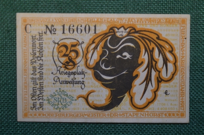 Нотгельд, бона 25 пфеннигов 1919 год. Город Bielefeld, Билефельд. Репка. Веймар, Германия.