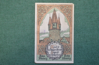 Нотгельд, бона 10 пфеннигов 1920 год. Город Eschwege, Эшвеге. Крепость, рыцарь. Веймар, Германия.