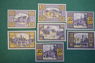 Нотгельд, бона 50 пфеннигов 1921 год (7 штук). Город Merseburg, Мерзеберг. Ворона с кольцом.