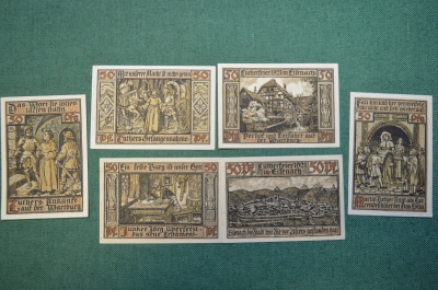 Нотгельд, бона 50 пфеннигов 1921 год (6 штук). Мартин Лютер. Город Айзенах. Германия.