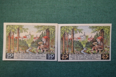 Нотгельд, бона 25, 50 пфеннигов 1921 год (2 штуки). Город Auma, Аума. Гном с грибами. Германия.