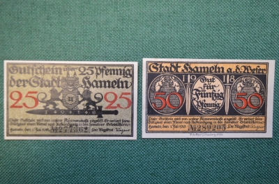 Нотгельд, бона 25, 50 пфеннигов 1918 год (2 штуки). Город Hameln, Хамельн. Дети, мыши. Германия.
