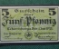 Нотгельд, бона 5 пфеннигов 1921 год. Stadtverordnete. Цитата из песни. Веймар, Германия.