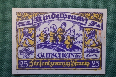 Нотгельд, бона 25 пфеннигов 1920 год. Город Rindelbruck, Риденбрук. Дети на палках. Веймар, Германия