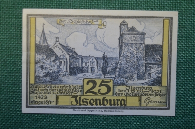 Нотгельд, бона 25 пфеннигов 1921 год. Город Ilsenburg, Ильзенбург. Черепа оленей. Веймар, Германия.