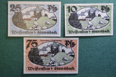 Нотгельд, бона 10, 25, 75 пфеннигов 1921 год (3 шт.). Город Stammbach, Штамбах. Бавария, Германия.