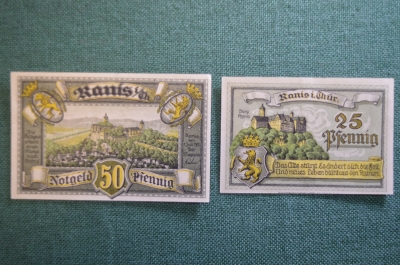 Нотгельд, бона 25, 50 пфеннигов 1921 год (2 штуки). Город Ranis in Thuringen, Ранис. Германия.