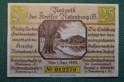 Нотгельд, бона 25 пфеннигов 1920 год, город Rotenburg, Ротенбург. Озеро. Германия.
