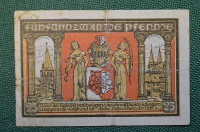 Нотгельд, бона 25 пфеннигов 1921 год, город Osterwieck, Остервик. Девушки, змея и перо. Германия.