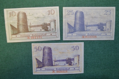 Нотгельд, бона 10, 25, 50 пфеннигов 1920 год, город Neustadt, Нойштадт. Саксония. Башня. Германия.