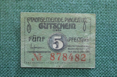 Нотгельд, бона 5 пфеннигов 1917 год, город Plauen, Плауэн, Плавно. Саксония. Ратуша. Германия.
