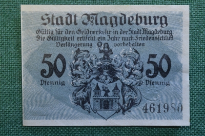 Нотгельд, бона 50 пфеннигов 1918 год, город Magdeburg, Магдебург. Саксония. Рыцарь, герб. Германия.