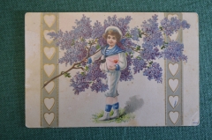 Открытка старинная "Маленький мальчик в форме матроса, сердечко, ветка сирени".