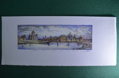Рисунок "Москва. Панорама Кремля. Храм Христа Спасителя". Акварель, бумага. 