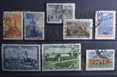 Марки почтовые, набор (8 штук) "Архитектура Москвы", 1947 и 1950 год.